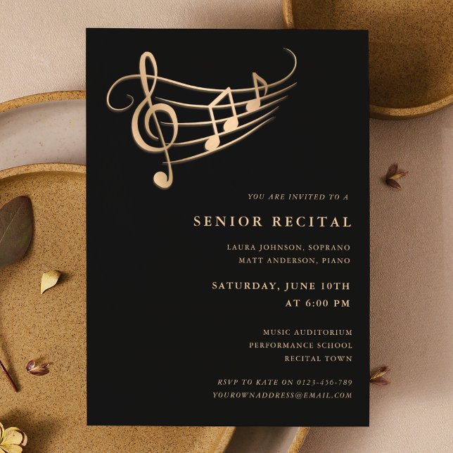 Convites Notas Musicais Douradas Recital Sênior Elegante (Criador carregado)