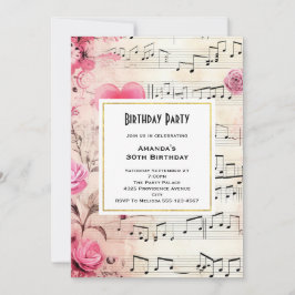 Convites Notas Musicais e Rosas Design Vintage Aniversário