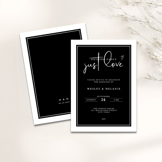 Convites Nothing Fancy Just Love Black Elegant Wedding (Nothing fancy just love minimalist wedding invitation in black and white colors)