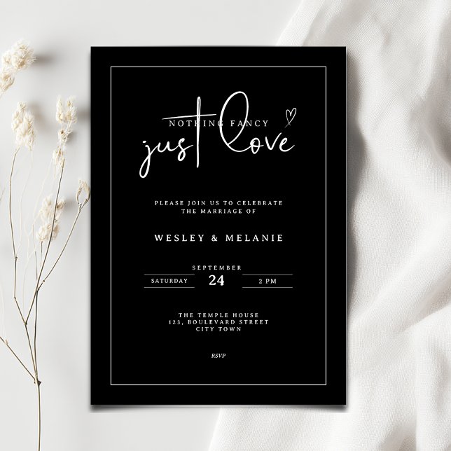 Convites Nothing Fancy Just Love Black Minimalist Wedding (Nothing fancy just love minimalist wedding invitation in black and white color)