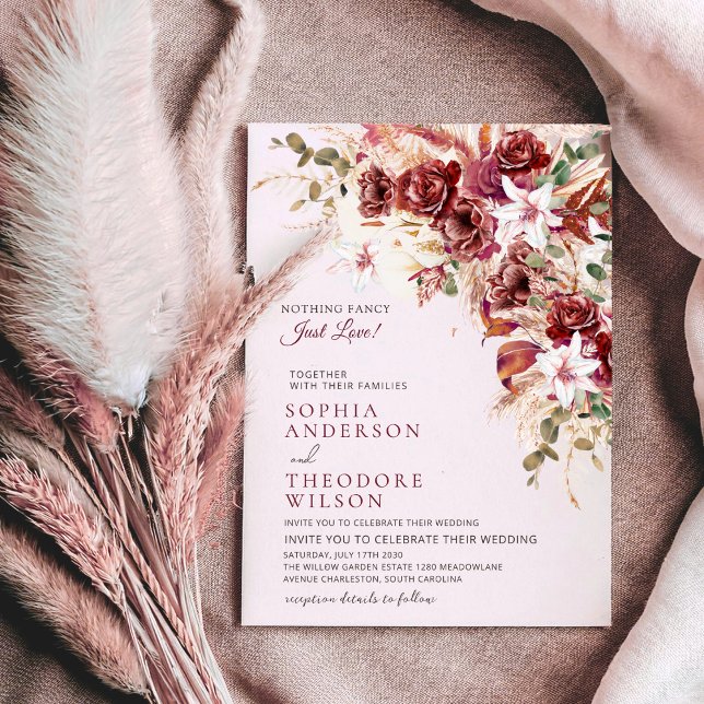 Convites Nothing Fancy Just Love Burgundy Floral Qr Wedding (Criador carregado)