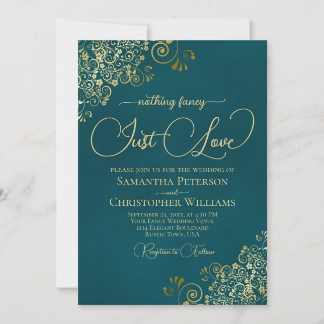 Convites Nothing Fancy Just Love Deep Teal & Gold Wedding (Frente)