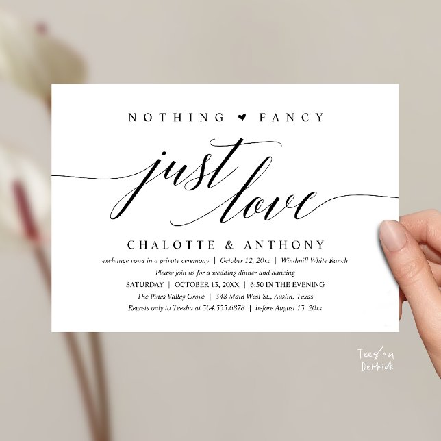 Convites Nothing Fancy, Just Love, Modern Classy Reception (Modern Classy Nothing Fancy, Just Love, Wedding Reception Dinner Invitation Card in Black and White)