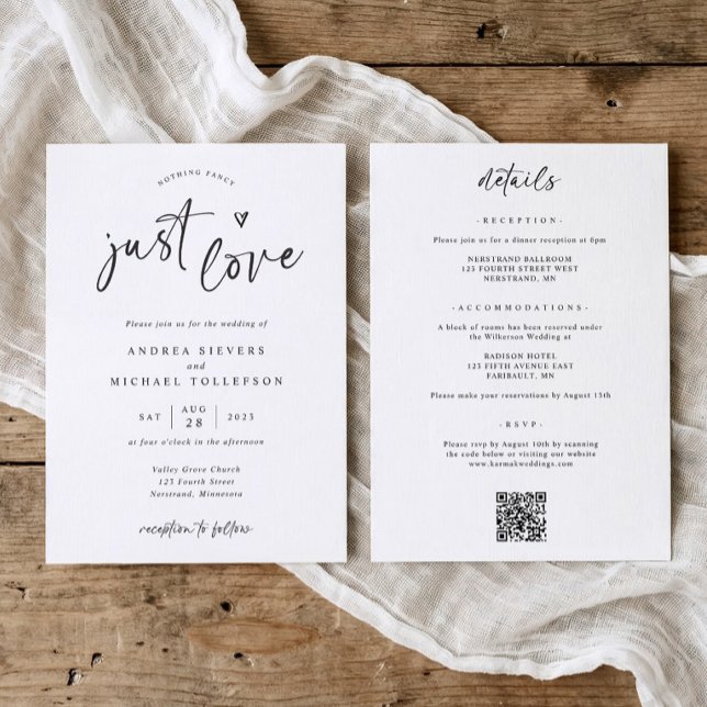 Convites Nothing Fancy Just Love Modern Handwriting Wedding (Minimalist black and white wedding invitation with “nothing fancy, just love” handwriting)