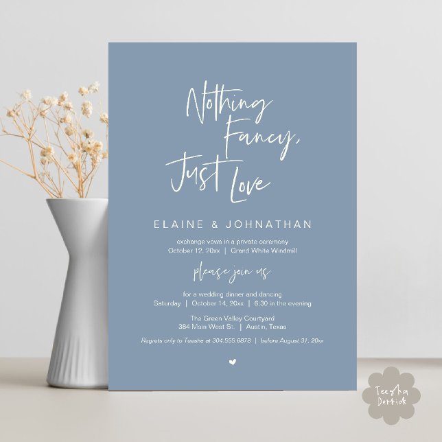 Convites Nothing Fancy Just Love Modern Minimalist Casual (Nothing Fancy Just Love Modern Minimalist Casual Wedding Dinner Invitation Card in Dusty Blue)