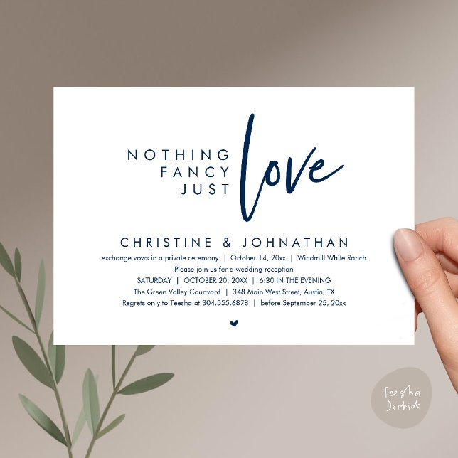 Convites Nothing Fancy, Just Love, Modern Wedding Reception (Nothing Fancy, Just Love, Modern Wedding Reception Dinner Lunch Brunch Invitation Card in Navy Blue)