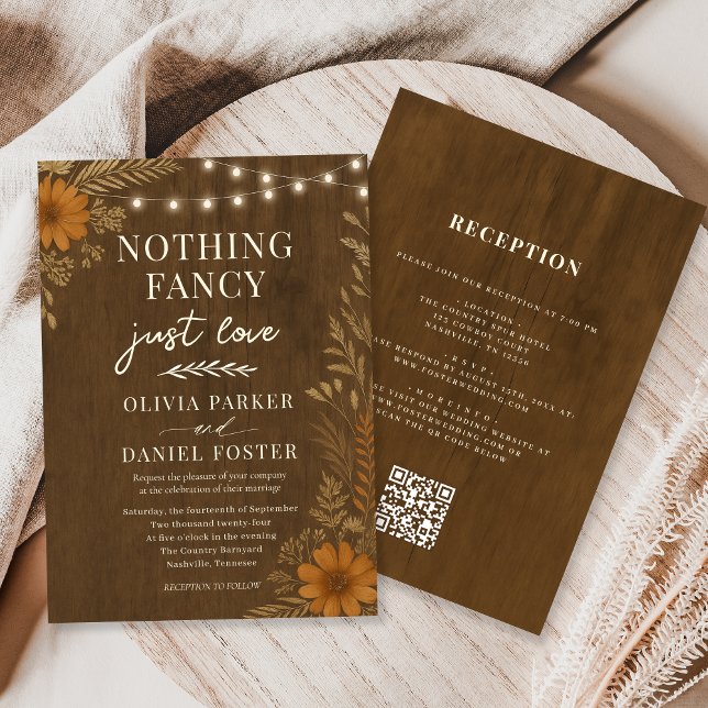 Convites Nothing Fancy Just Love Rustic QR Code Wedding  (Criador carregado)