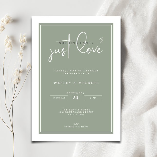 Convites Nothing Fancy Just Love Sage Green Elegant Wedding (Nothing fancy just love minimalist wedding invitation in sage green color)