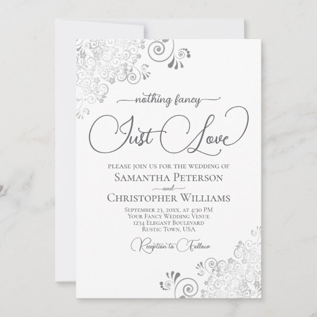 Convites Nothing Fancy Just Love Silver & White Wedding (Frente)