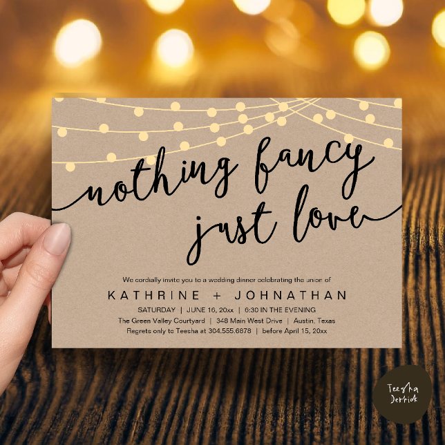 Convites Nothing Fancy, Just Love, Wedding Reception Dinner (Nothing Fancy, Just Love, Wedding Reception Dinner Invitation Card String Lights Brown Kraft)