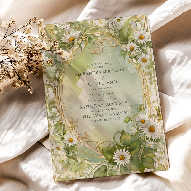 Convites Nouveau Daisies Ivory Green Wedding (Criador carregado)