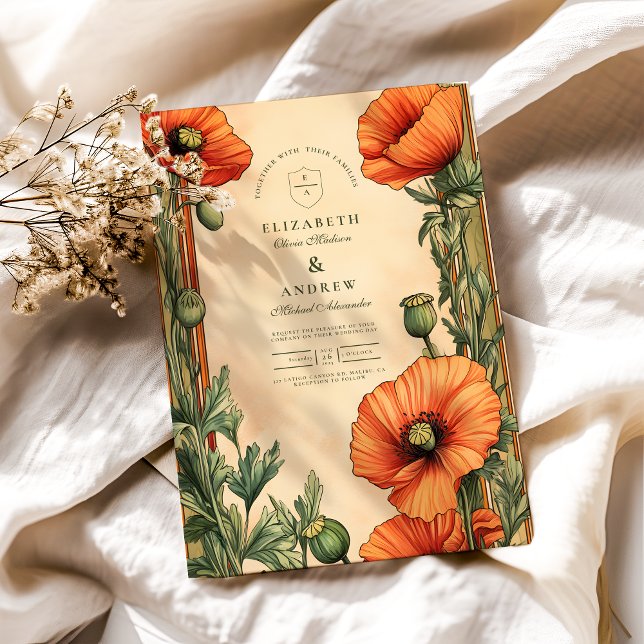 Convites Nouveau Nouveau Poppy Casamento de Arte Floral Ele (Criador carregado)