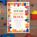 Convites Nova Criança No Chá de fraldas Da Fronteira De Blo<br><div class="desc">Convite neutro de chá de fraldas com borda com ilustrações de casas e edifícios com paleta de cor rosa,  azul,  vermelha,  verde,  laranja e amarela.</div>