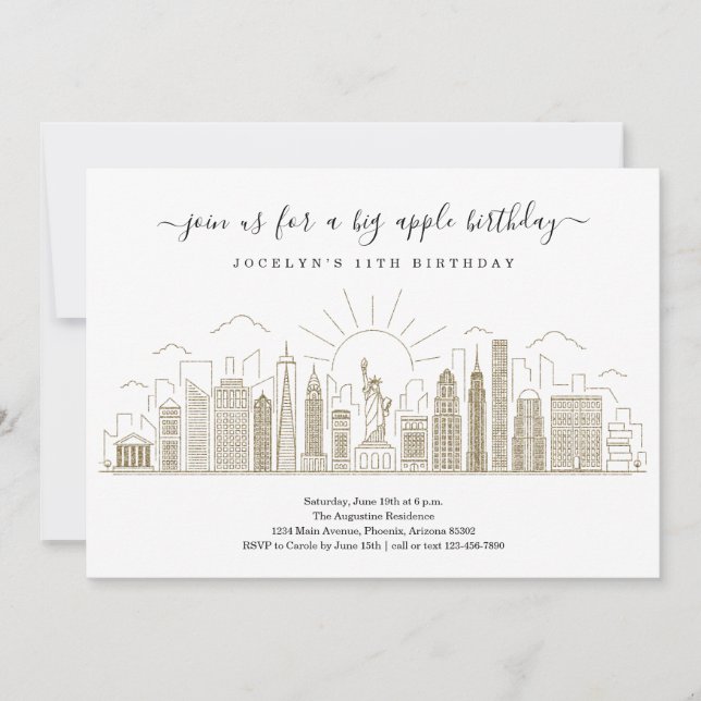 Convites Nova Iorque Big Birthday Apple Party Dourado (Frente)