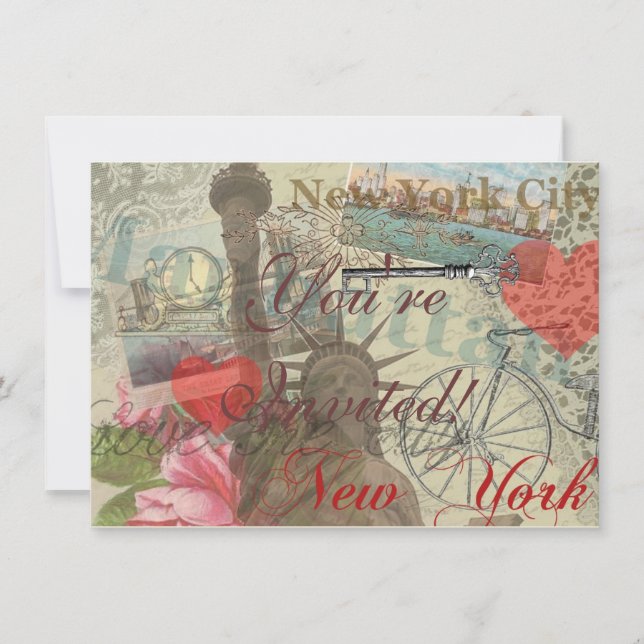 Convites Nova Iorque Vintage Liberty Skyline - Símbolo de A (Frente)