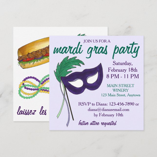 Convites Nova Orleans Mardi Gras Mascarada Ball Party (Frente/Verso)