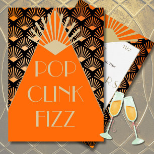Convites Novo ano Art Deco Pop Clink Fizz Dourado Vintage