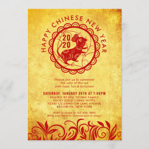 Convites Novo Ano Chinês Moderno do Partido Dourado Rat 202