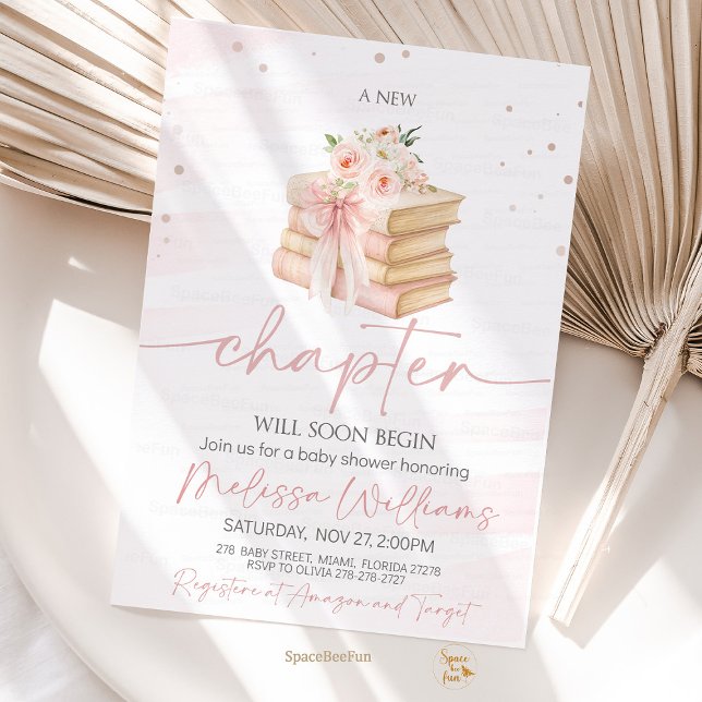 Convites Novo capítulo arco rosa Chá de fraldas de flores s (Sweet and elegant baby shower invitation featuring a pink bow, wildflowers, and book stack — perfect)