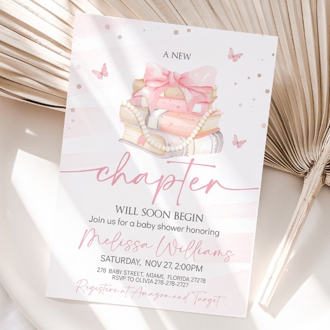 Convites Novo capítulo arco rosa Chá de fraldas de flores s (A soft pink baby shower invitation with wildflowers, an elegant pink satin bow, and the phrase "A Ne)