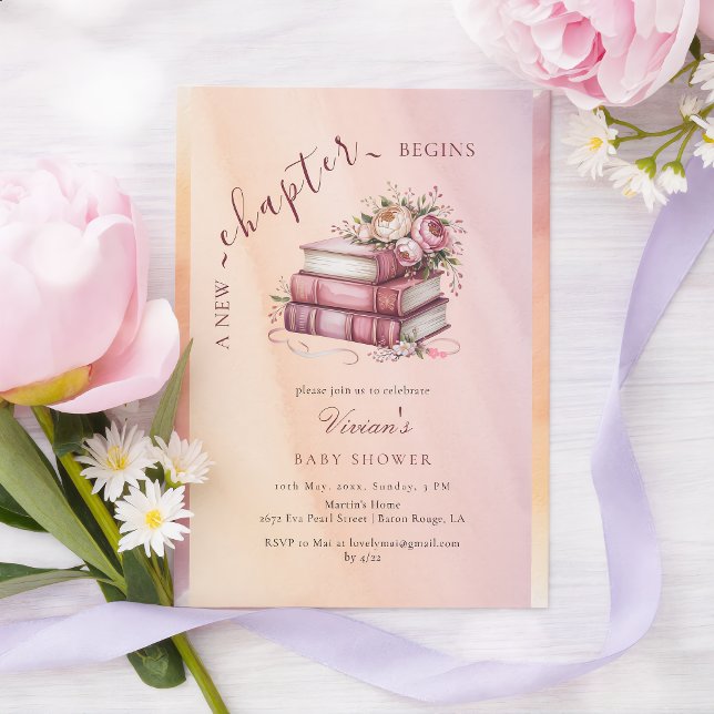 Convites Novo Capítulo Começa Livros Florais Baby Shower (Criador carregado)