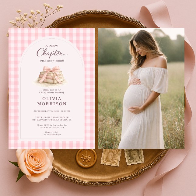 Convites Novo Capítulo Começa Rosa Arco Foto Chá de Bebê (Criador carregado)