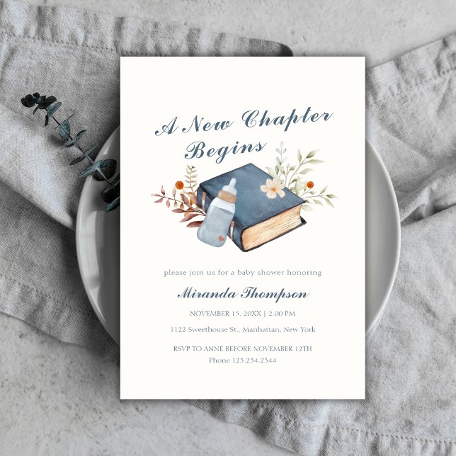 Convites Novo capítulo inicia Chá de fraldas de garrafa de  (A New Chapter Begins Book Bottle Baby Shower Invitation)