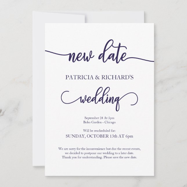 Convites Novo Casamento Adiado Data Azul-Marinho Script (Frente)