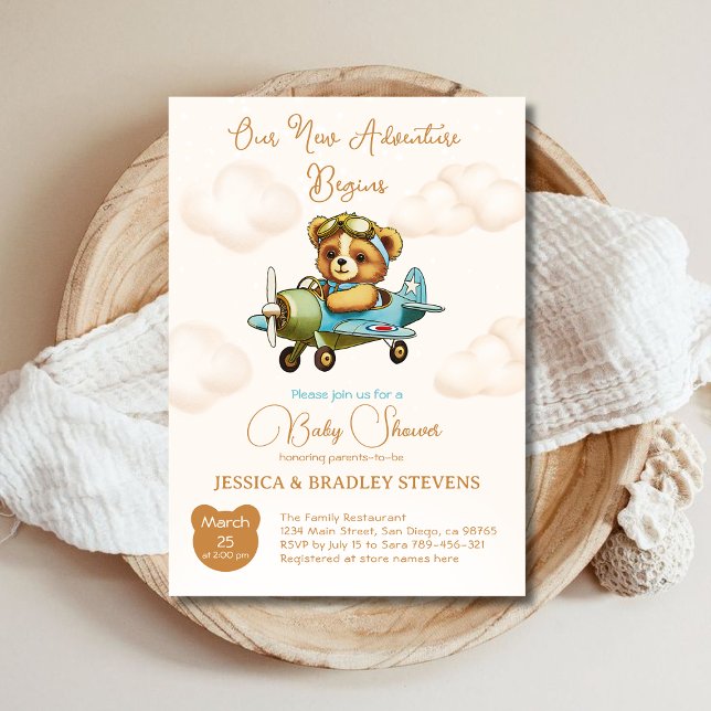 Convites Novo Chá de fraldas de avião-piloto para bebê de a (New Adventure Baby Pilot Airplane Baby Shower Invitation)
