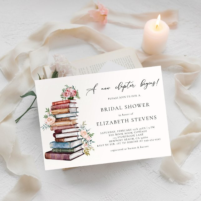 Convites Novo Chá de panela de Chic Bookworm do Livro do No (a new chapter bridal shower invitation book lover bookworm library literary floral roses watercolor)
