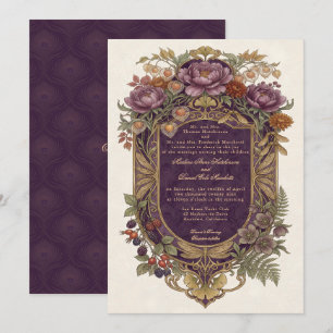 Convites Novo em Floral Outono Escudo Dourado Roxo Art Nouv