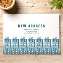 Novo endereço azul com prédios de desenho animado 