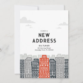 Convites Novo endereço vermelho e preto com cidade de desen