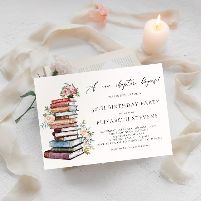 Convites Novo Livro de Capítulos Vestido Vestido Adulto Ani (a new chapter birthday party invitation milestone book lover bookworm library literary floral roses )
