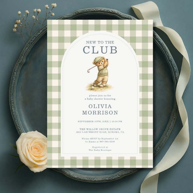 Convites Novo no Clube Chá de Bebê Urso de Gingham Golfe (Criador carregado)