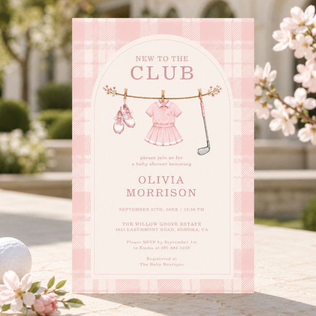 Convites Novo No Clube Chuveiro de Bebê Rosa Golfe Préppy (Criador carregado)