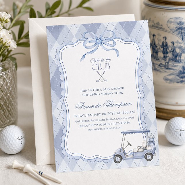 Convites Novo no Clube de Golfe Azul Carrinho de Bebê Chama (Preppy blue golf cart baby shower invitation with argyle pattern and country club style.)