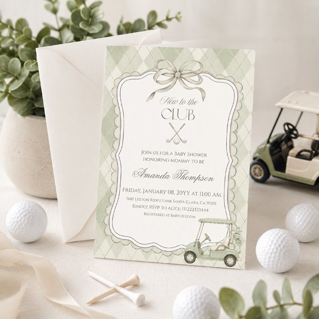 Convites Novo no Clube de Golfe Carrinho de Bebê Chás de Be (Preppy sage green golf cart baby shower invitation with argyle pattern and country club style.)