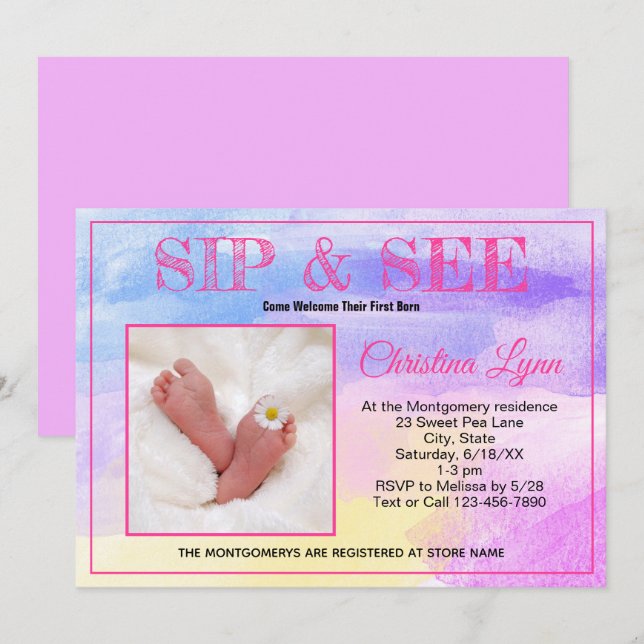 Convites Novo Sip Rosa de Aquarela Bebê e veja foto persona (Frente/Verso)
