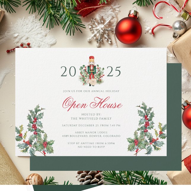 Convites Nozes de Natal Abre Casa Vermelha Berries (Christmas Holidays Open House Party Invitation Red Berries with Nutcracker)