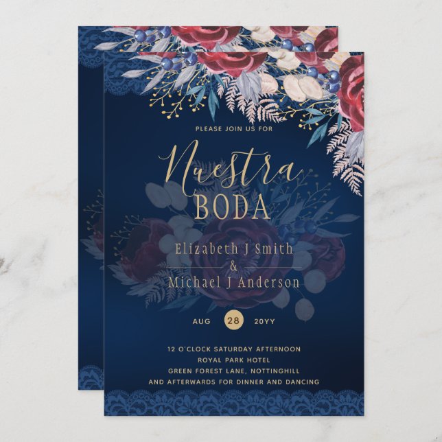 Convites Nuestra Boda Burgundy Blue Floral Lace INVITE (Frente/Verso)