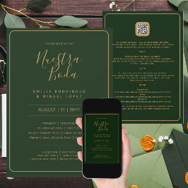 Convites NUESTRA BODA GREEN DOURADO RSVP DETALHES QRCode