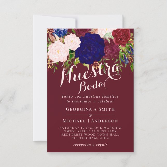 Convites Nuestra Boda Invitación Borgonha Azul Rosa Floral (Frente)