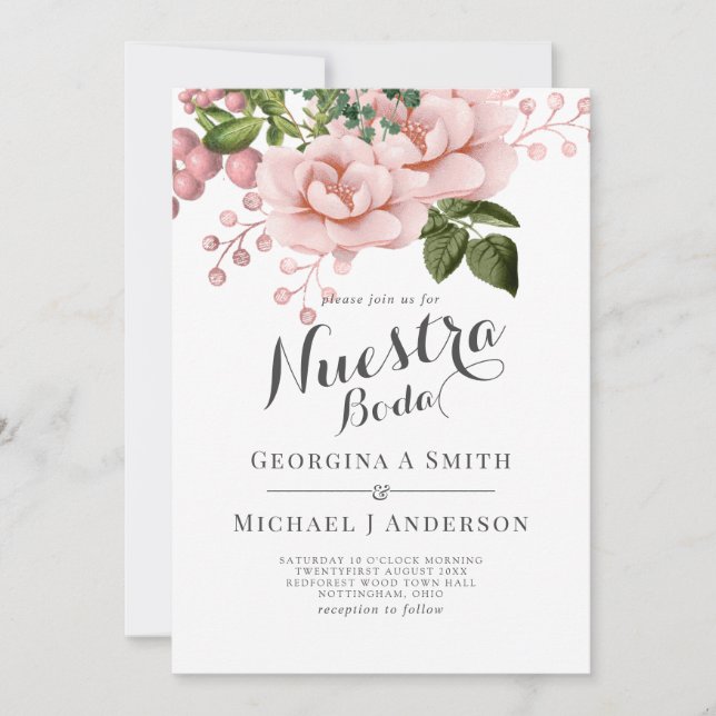 Convites Nuestra Boda Invitência - Buquê de Rosas Rosa Esbr (Frente)