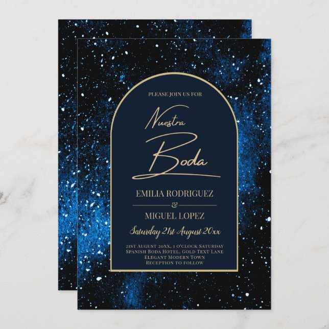 Convites NUESTRA BODA Starry Night Marinho Blue Dourado INV (Frente/Verso)