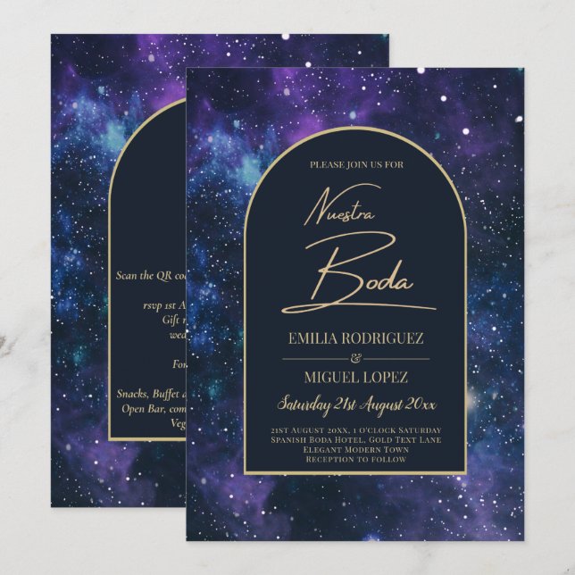 Convites NUESTRA BODA Starry Night Purple Blue INVITE (Frente/Verso)