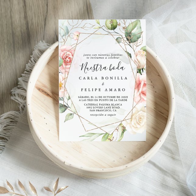 Convites Nuestra de Folhagem Verde Dourada Geométrica Boda  (Criador carregado)