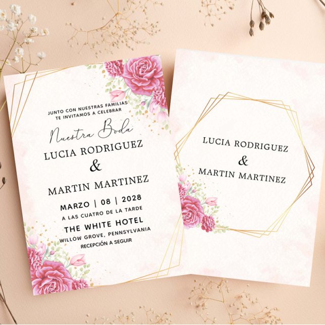 Convites Nuestra Dourada Espanhola Rosa Moderna Boda (Criador carregado)