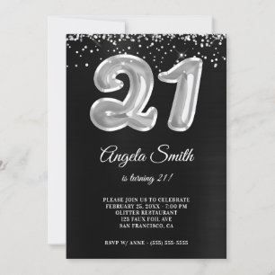 Convites Número 21 Preto com Brilho Prateado para Aniversár