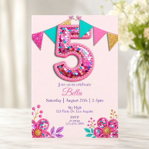 Convites Número 5 de lantejoulas rosa Aniversário de 5 anos